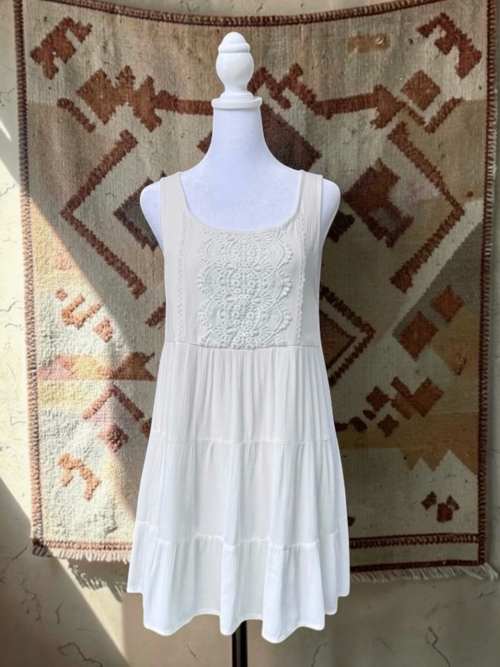 Boho Flirty Crochet Crinkle babydoll Mini Dress Off White Cream Ivory White S